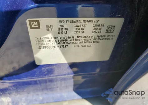 2012 Chevrolet Cruze Lt z USA, uszkodzony, nr VIN 1G1PF5SC3C7147337